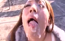 Monster boobed Japanese girl with face covered in sperm